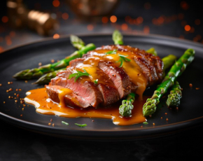 Утиная грудка в апельсиновом соусе со спаржей