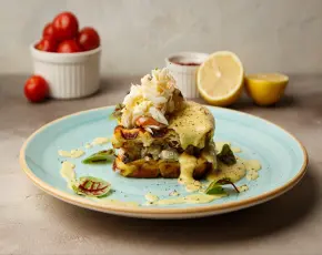 Картофельные вафли с крабом, томатом и соусом Пекорино
